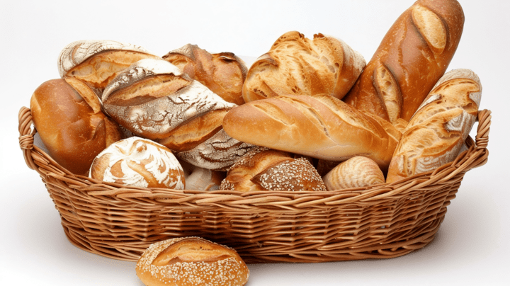 Fresh fruits, healthy grains, and baked bread arranged elegantly on a clean table